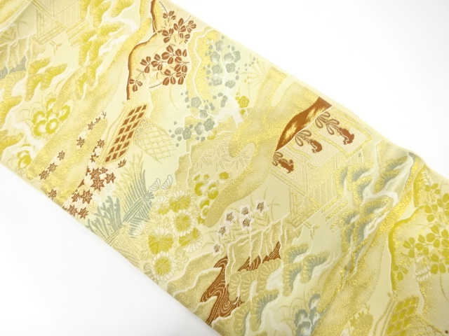 JAPANESE KIMONO / ANTIQUE FUKURO OBI / WOVEN MANSION SCENERY